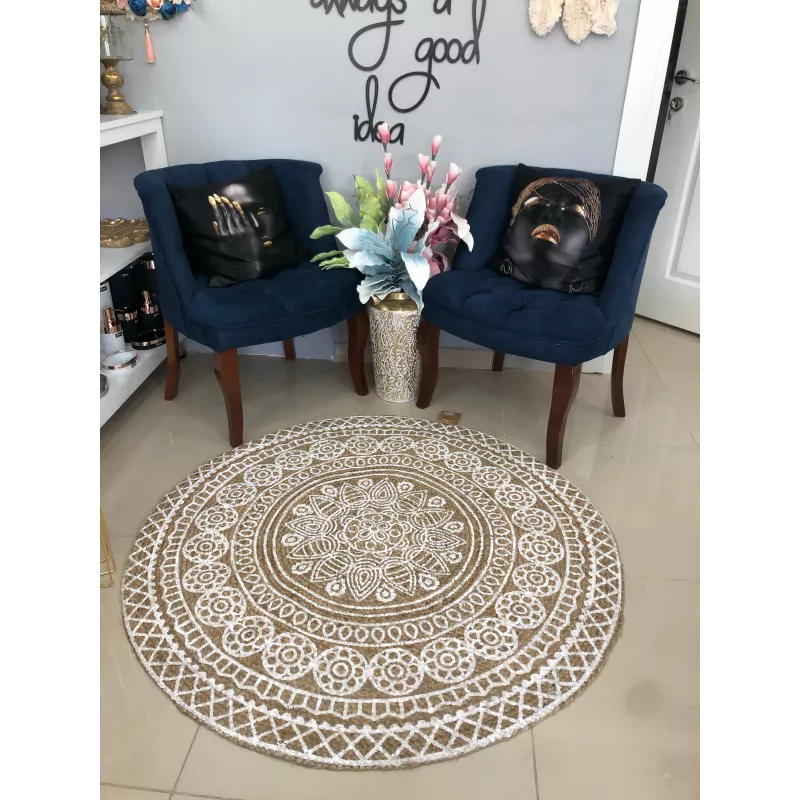 Yuvarlak 120*120 cm %100 Doğal İplik Örgü Beyaz El Boyama Jüt Kilim EDK004