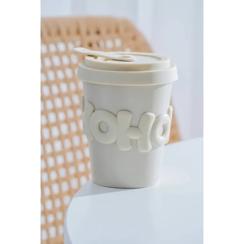 Ruby Silikon Kapaklı Porselen Kupa Krem - 380 ml MSK129